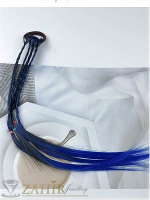 4 бр. плитки на ластик от синт. коса в синьо и черно, дължина 40 см, носят се на опашка  - KP1001